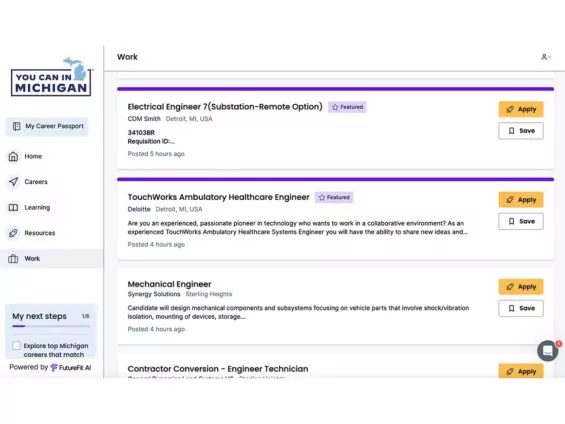Screenshot of matching jobs in Michigan Career Portal