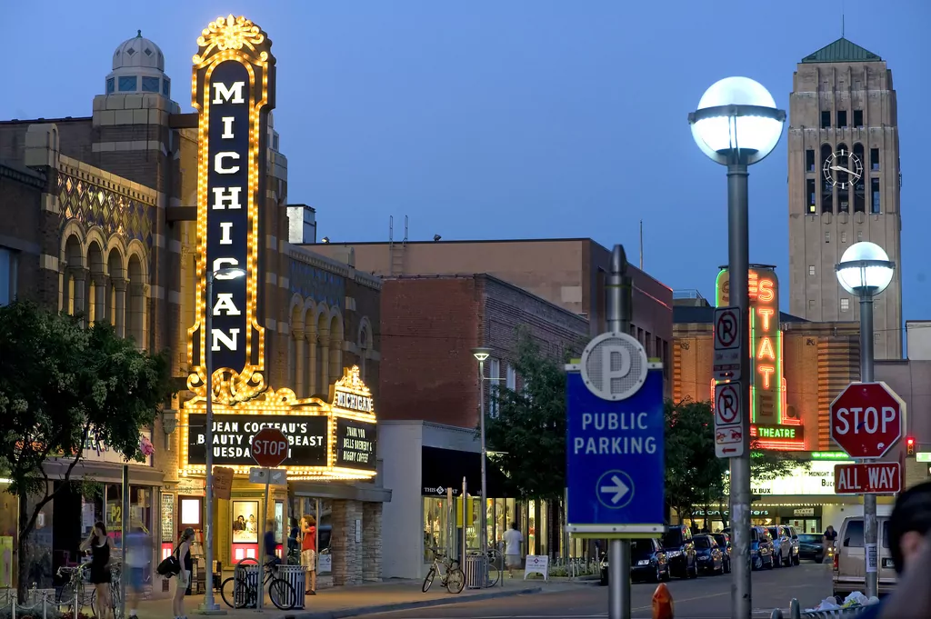 Downtown Ann Arbor and the Michigan Theater at night