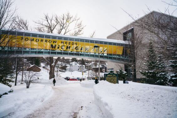Bridge connecting two Michigan Tech buildings in the winter.