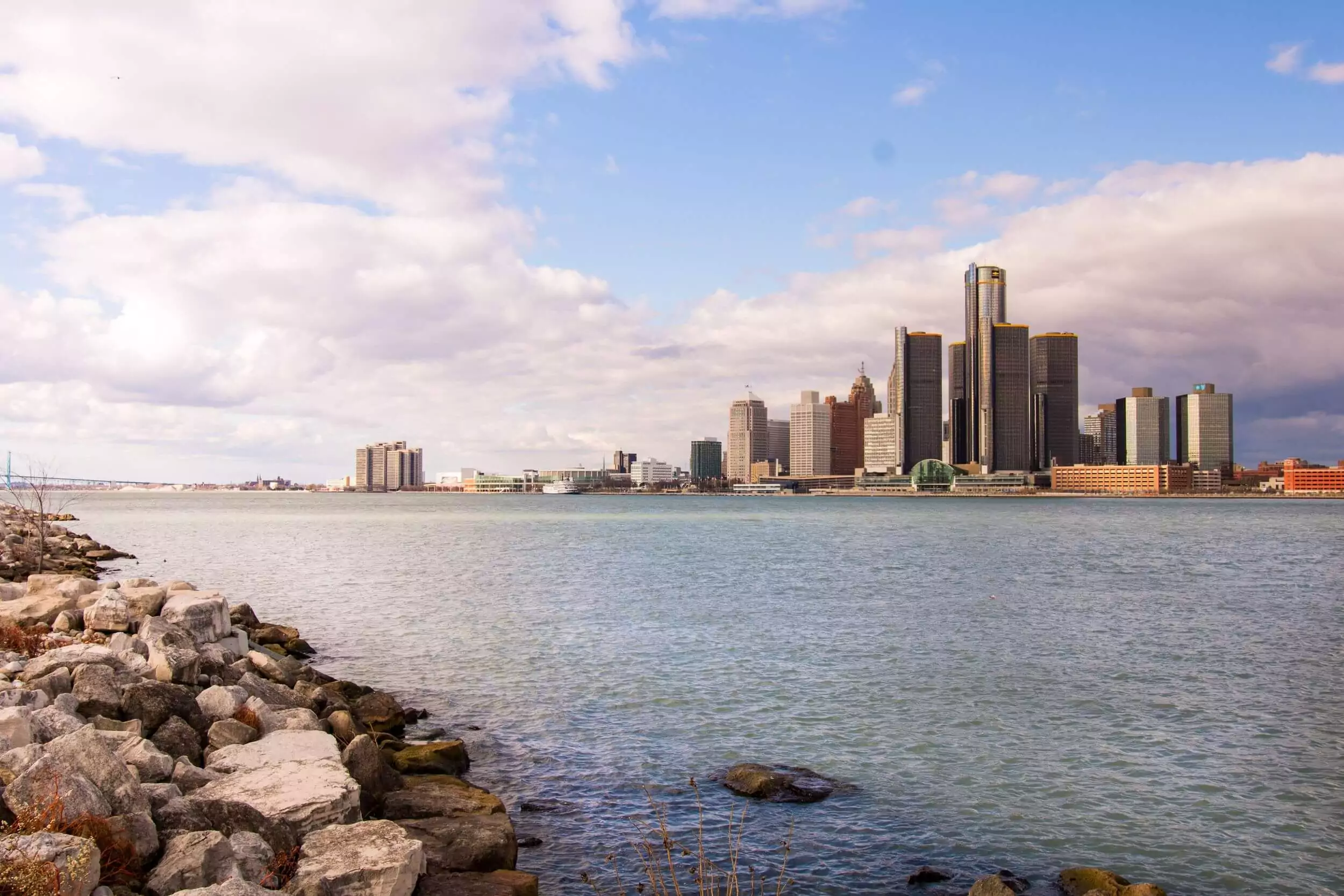 Detroit's cityscape on a partly cloudly day.