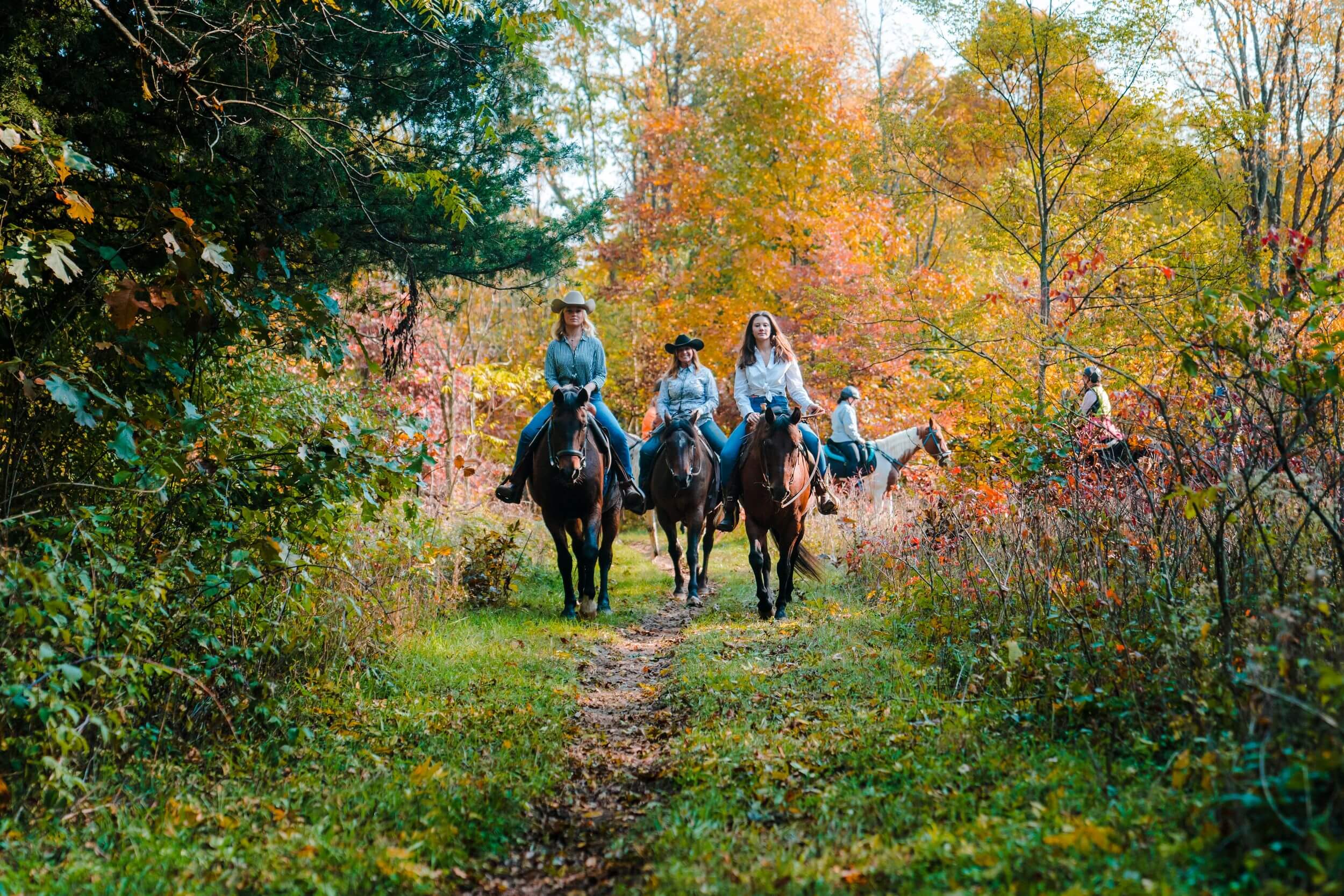 Family rides horses on an equestrian trail at Fort Custer Recreation Area.