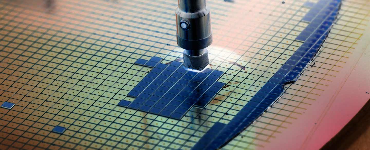 Close up image of a semiconductor chip being created