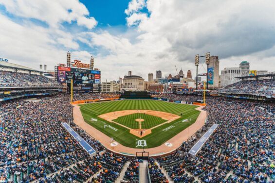 Aerial of baseball field and stadium Comerica Park on opening day.